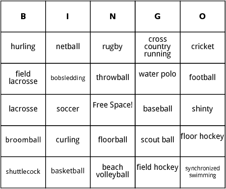 team sports bingo