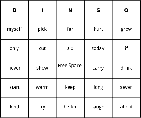 third grade dolch sight words bingo