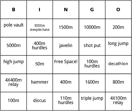 track and field bingo 