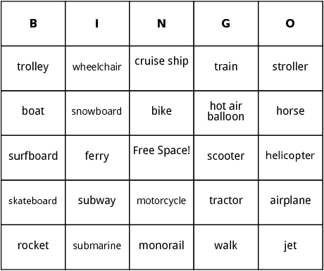 transportation bingo