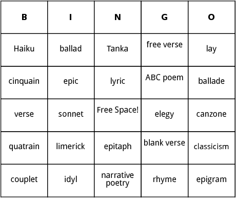 types of poetry bingo