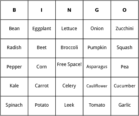 types of vegetables bingo 