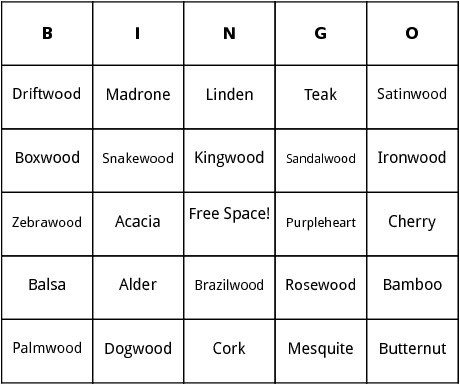 types of wood bingo