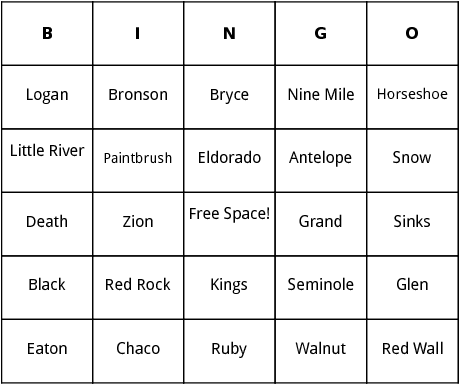 u.s. canyons bingo