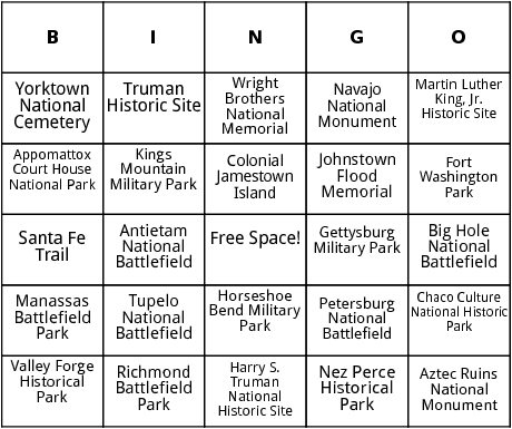 u.s. historic sites and memorials bingo