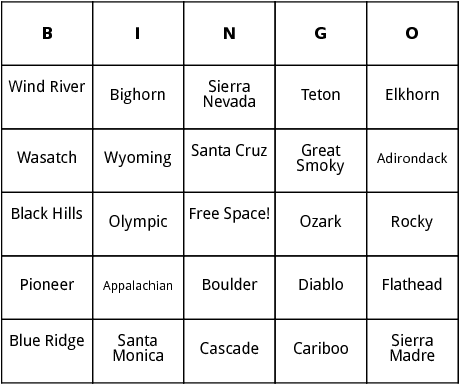 u.s. mountain ranges bingo
