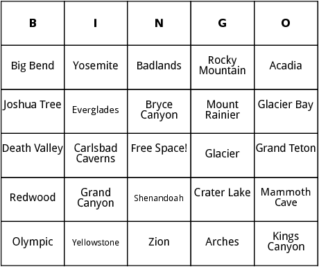 u.s. national parks bingo