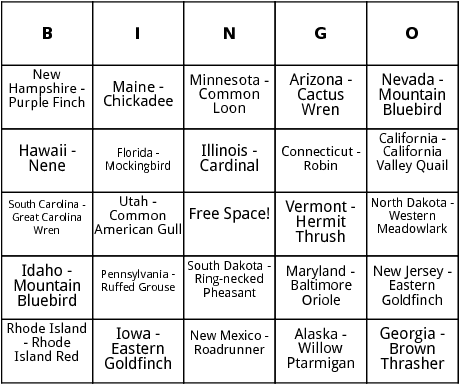 u.s. state birds bingo