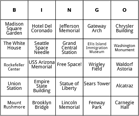 united states landmarks bingo