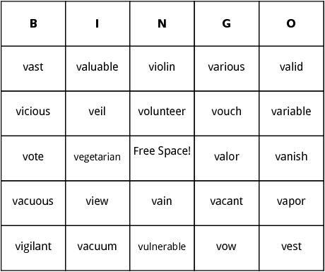 v words bingo