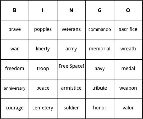 veterans day bingo