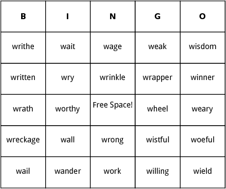 w words bingo