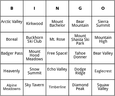 west coast ski resorts bingo 