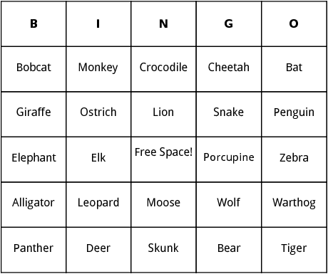 wild life animals bingo