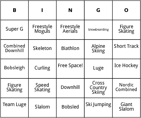 winter olympic events bingo
