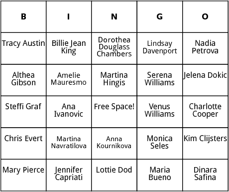 women tennis stars bingo