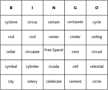 words beginning with soft c sound  bingo
