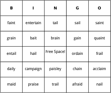 words containing -ai- bingo