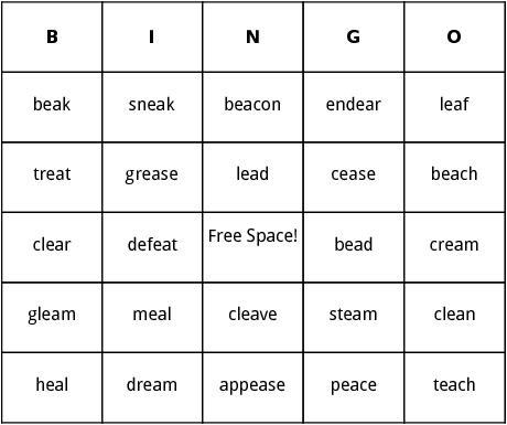 words containing -ea- bingo