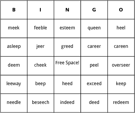 words containing -ee- bingo