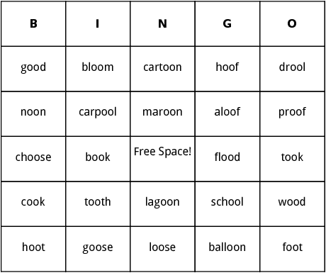 words containing -oo- bingo