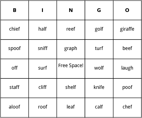 words ending in the f sound bingo