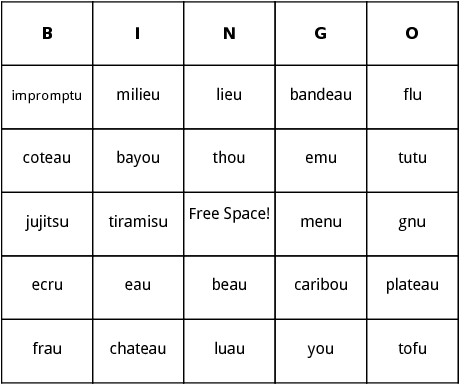 words ending in u bingo