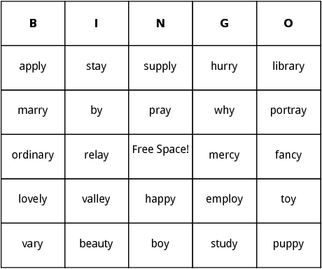 words ending in y bingo