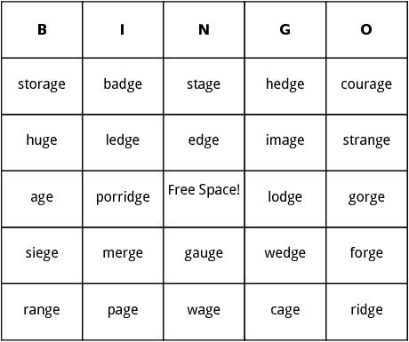 words ending with j sound bingo