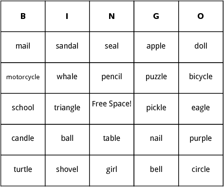 words ending with l sound bingo