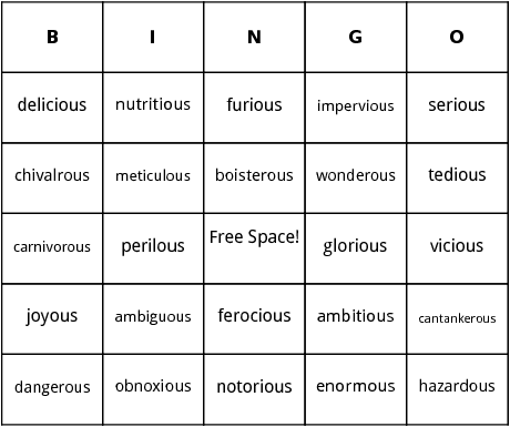 words ending with ous bingo