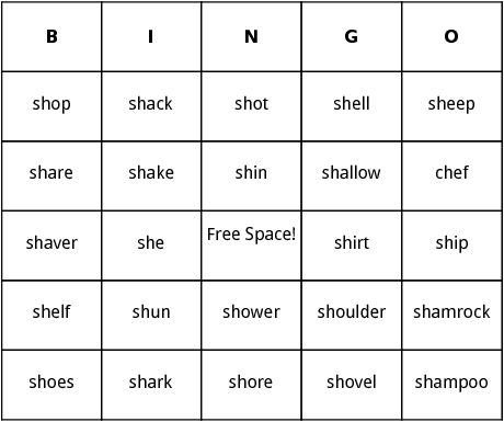 words that begin with sh bingo