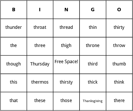 words that begin with th bingo