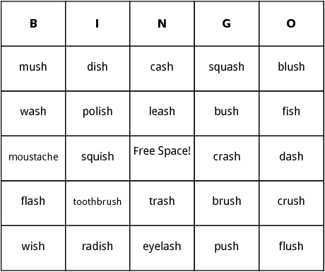 words that end with sh sounds bingo