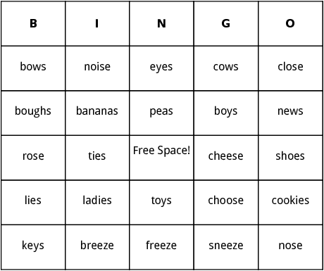 words that end with the z sound bingo