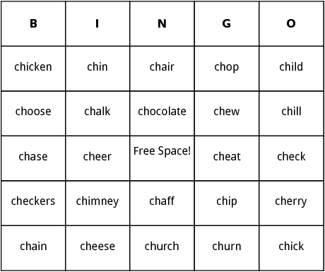 words with ch in the beginning bingo