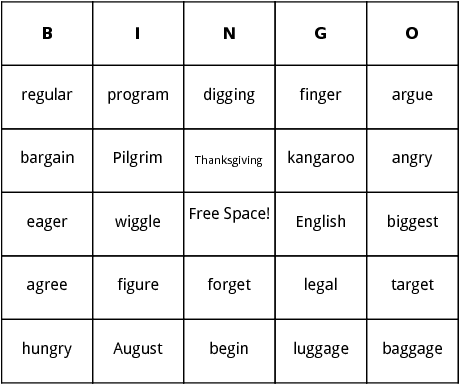 words with g sound in the middle bingo
