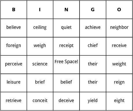 words with ie and ei bingo