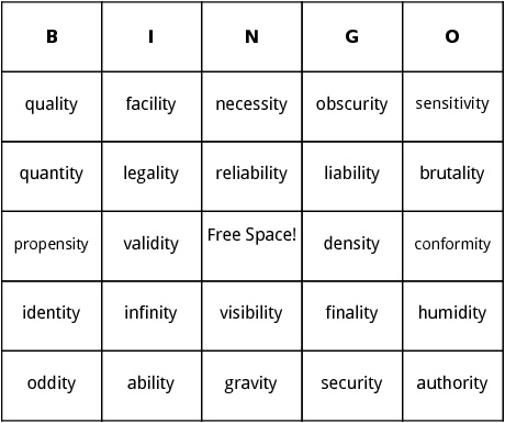 words with ity bingo