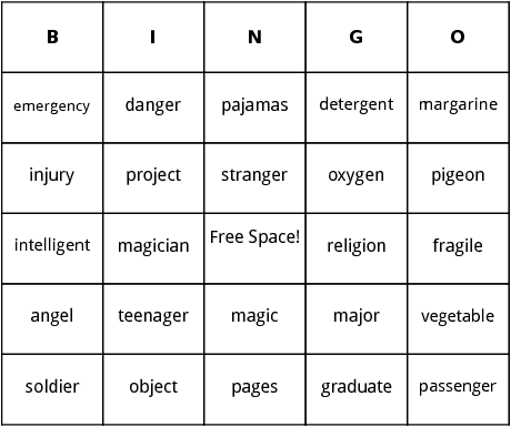 Words With J Sound In The Middle bingo by Bingo Card Template