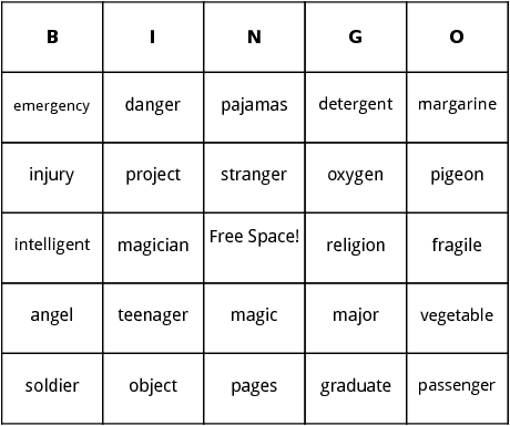 words with j sound in the middle bingo