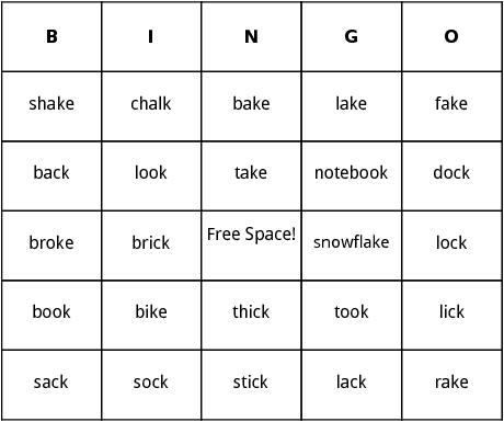 words with k sound at the end bingo