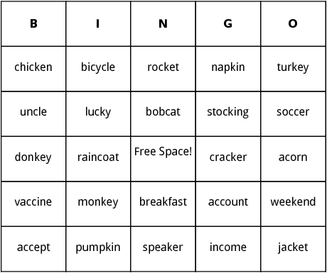 words with k sound in the middle bingo