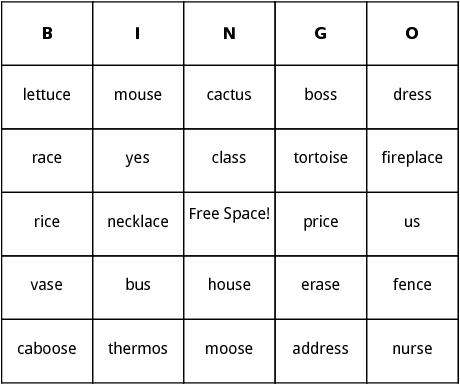words with s sound at the end bingo
