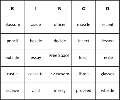 words with s sound in the middle bingo