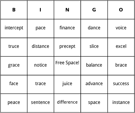 words with soft c sounds bingo