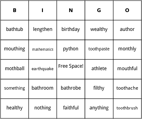 words with th in the middle bingo