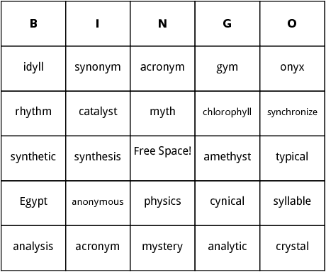 words with y as vowel bingo