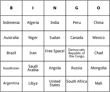 worlds biggest countries bingo