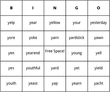 y words bingo